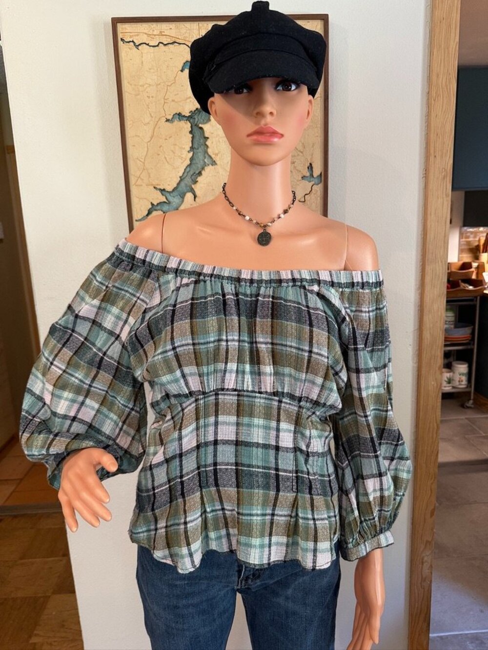 🌿 Free People Off-Shoulder Plaid Top | Smocked Waist | Balloon Sleeve | Size L